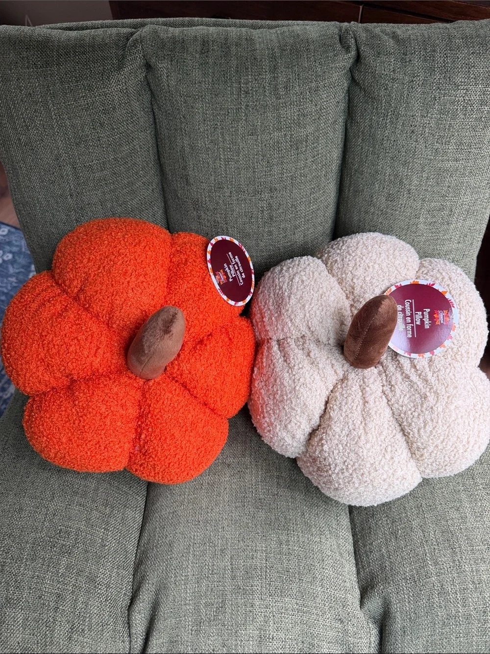 Set of 2 Sherpa Pumpkin Pillows Cream & Orange Boucle Plush Fall Decor NWT